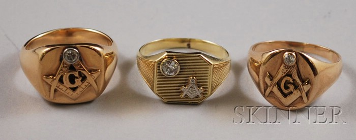 Appraisal: Three Gold and Diamond Gentleman's Masonic Rings two in kt