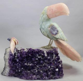 Appraisal: Carved Stone Toucans on Amethyst Geode Carved Stone Toucans on