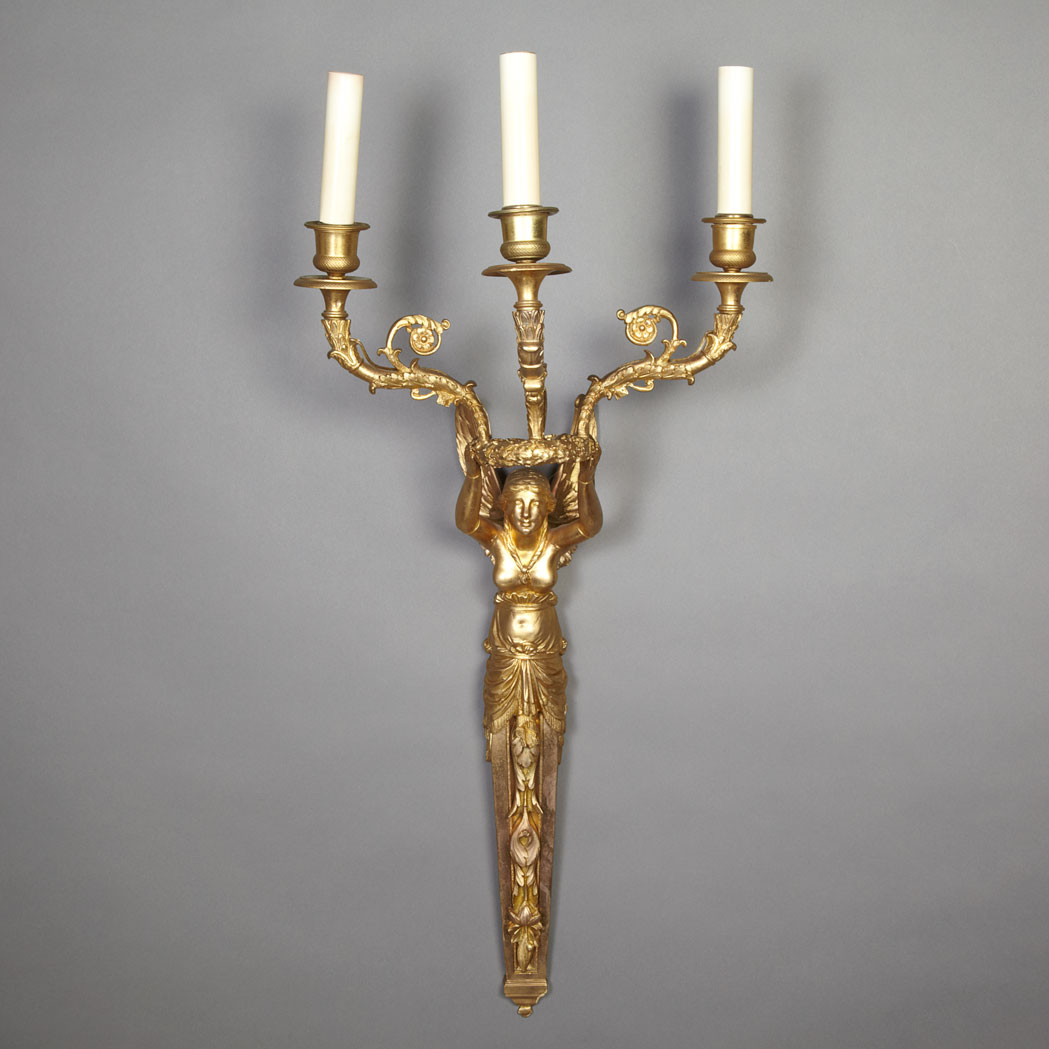 Appraisal: Pair of Empire Style Gilt-Metal Three-Light Sconces Mid th century