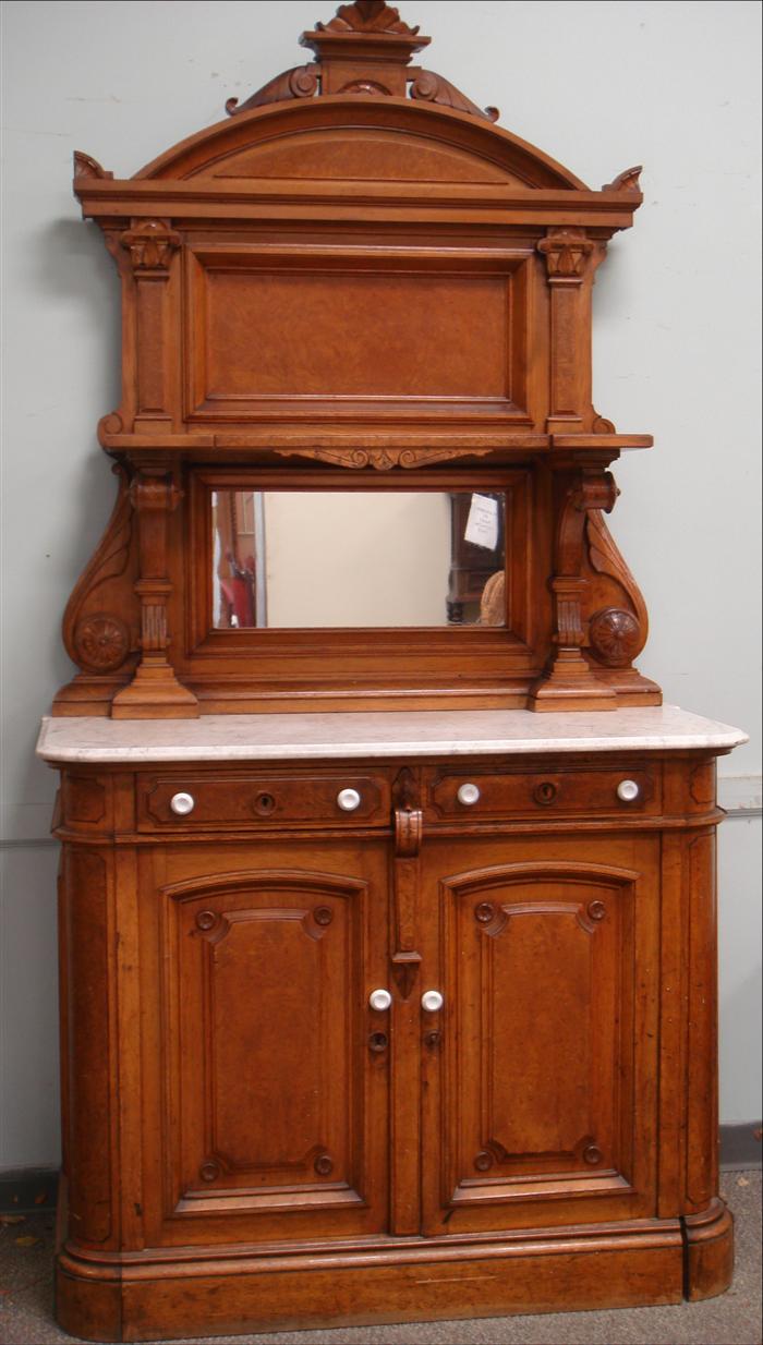 Appraisal: Oak and burl wood Victorian marbletop sideboard original finish needs