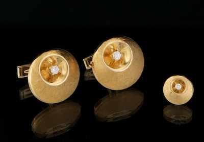 Appraisal: A Pair of Gold and Diamond Cufflinks and Tie Tack