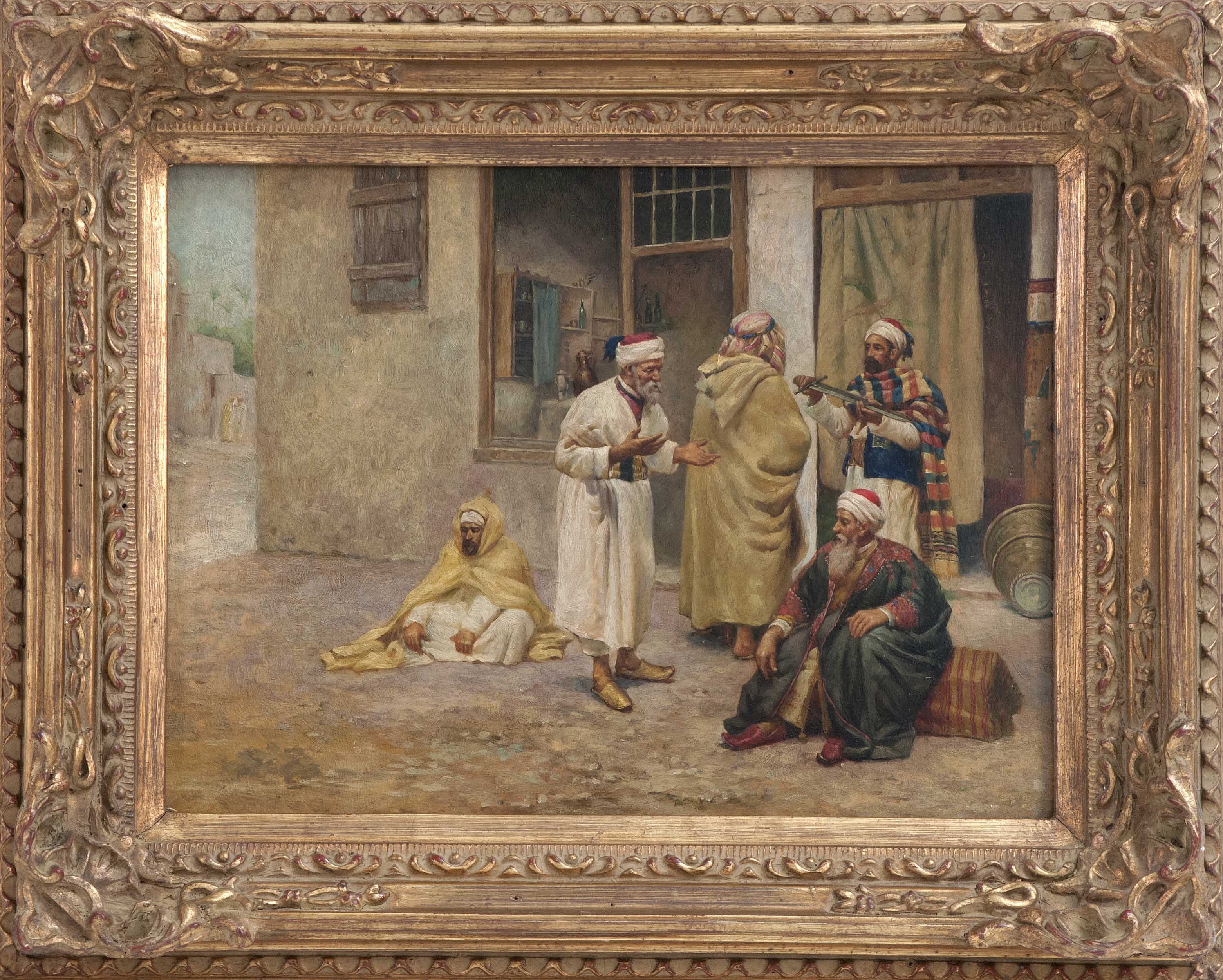 Appraisal: FRAMED PAINTING UNKNOWN ARTIST ContemporaryMiddle Eastern street scene depicting figures