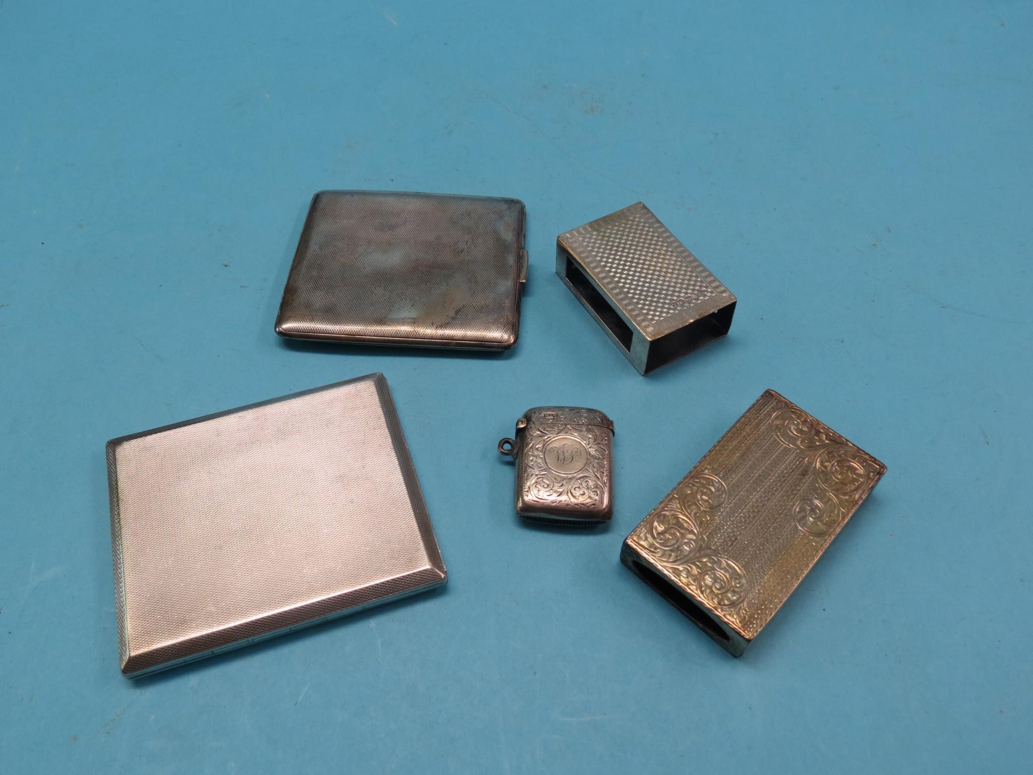 Appraisal: Two engine-turned silver cigarette cases two engraved silver match-box cases