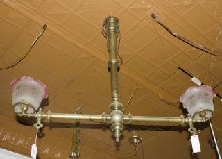 Appraisal: Arm Brass and Leaded Glass Shade Hall Fixture H x