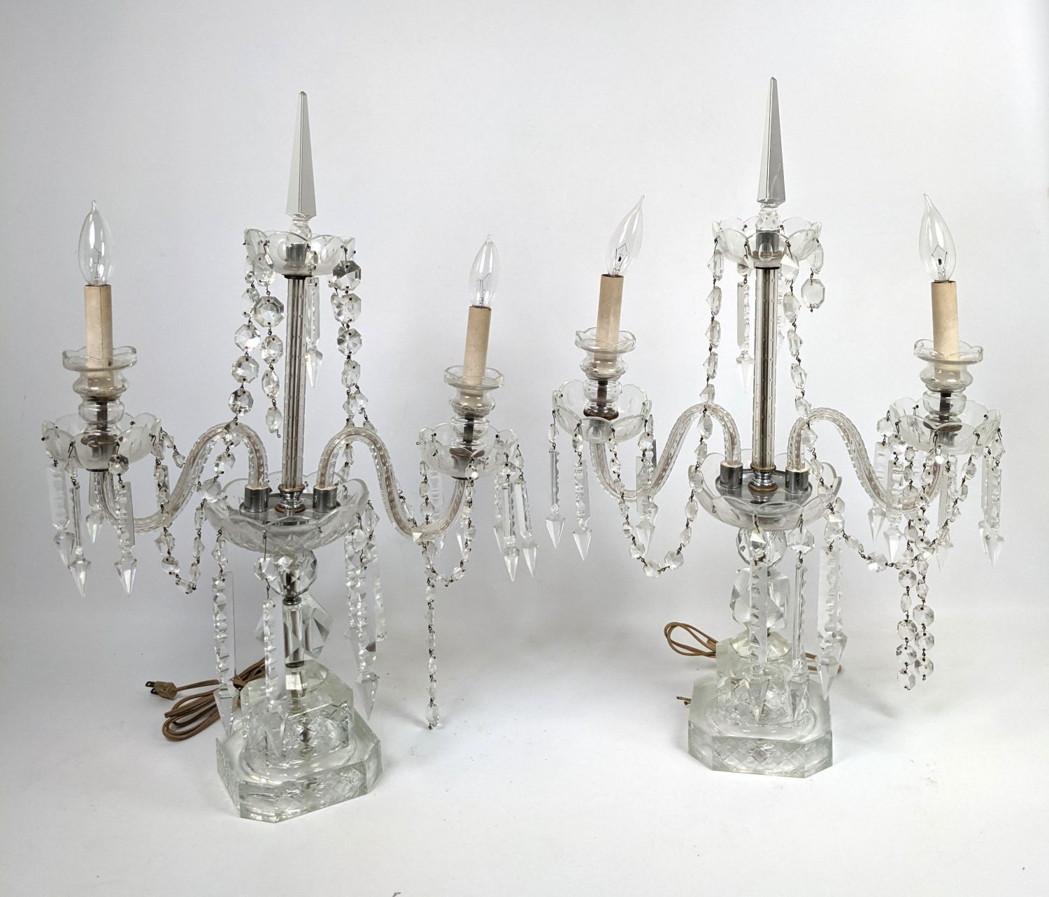 Appraisal: Pr Crystal Arm Candelabra Hanging prisms Electrified Need to be