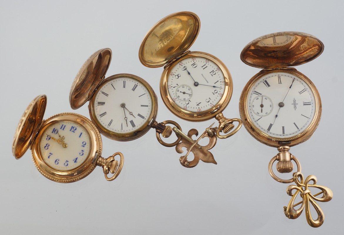 Appraisal: ladies YGF HC pocket watches w lapel pins generally very