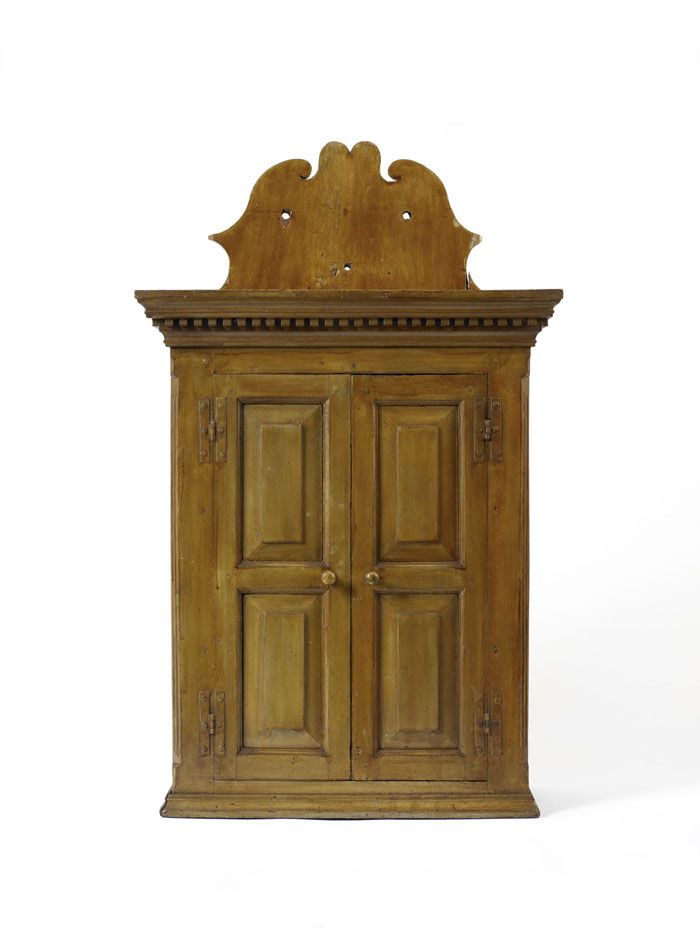 Appraisal: FINE AND RARE CONNECTICUT YELLOW PAINTED WALNUT HANGING CUPBOARD CIRCA