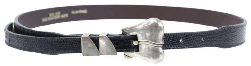 Appraisal: Barry Kieselstein-Cord leather belt and sterling buckle set shaped buckle