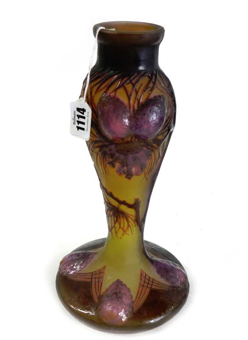 Appraisal: A Galle style glass lamp base relief decorated with purple