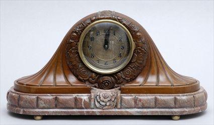 Appraisal: FRENCH ART DECO CARVED WALNUT AND MARBLE MANTEL CLOCK The