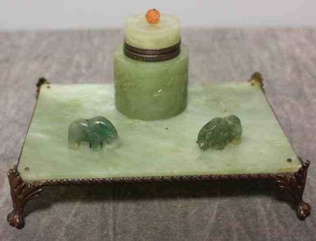 Appraisal: Jade Inkwell with Carnelian Finial Mounted on a jade base