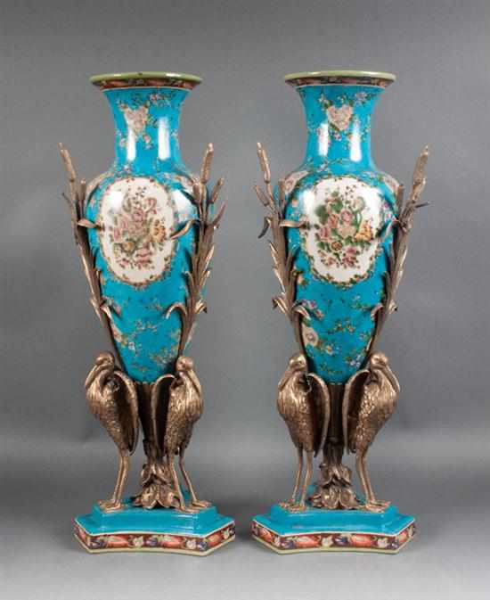 Appraisal: Pair of French style gilt-brass-mounted ceramic vases baluster form supported