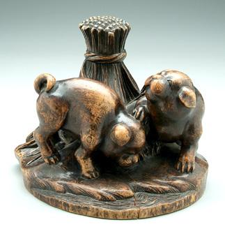 Appraisal: Japanese wood carving okimono of puppies the pair playing on