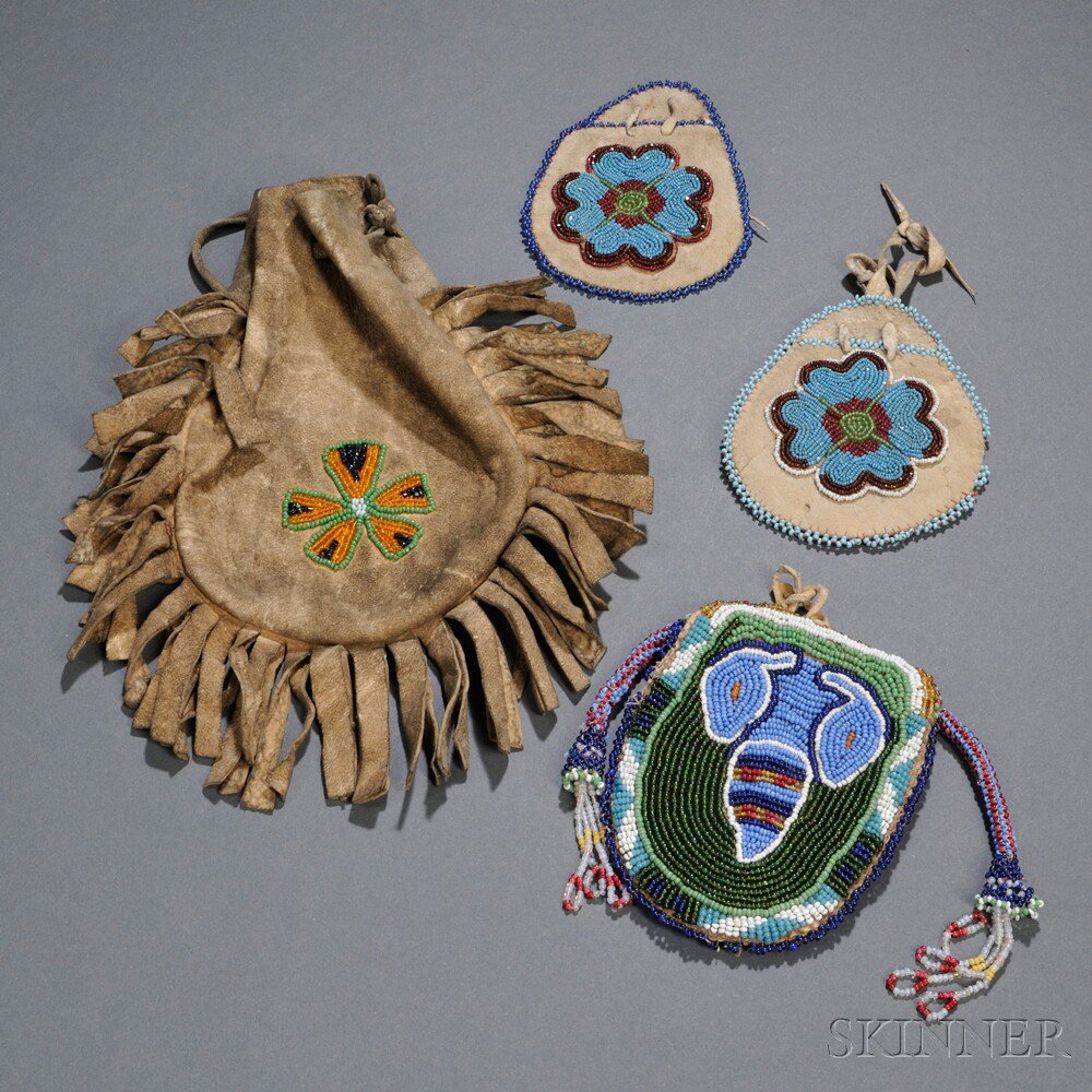 Appraisal: Four Beaded Hide Pouches two matched with floral design on