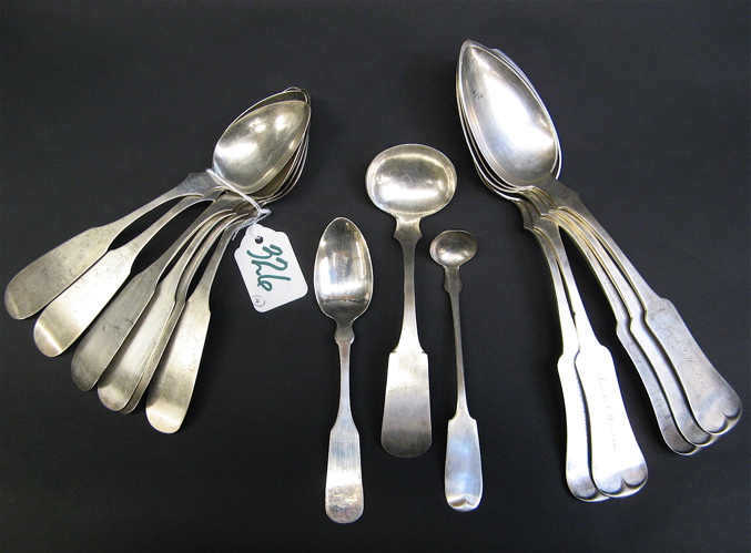 Appraisal: FOURTEEN AMERICAN COIN SILVER FLATWARE including large tablespoons engraved Sarah