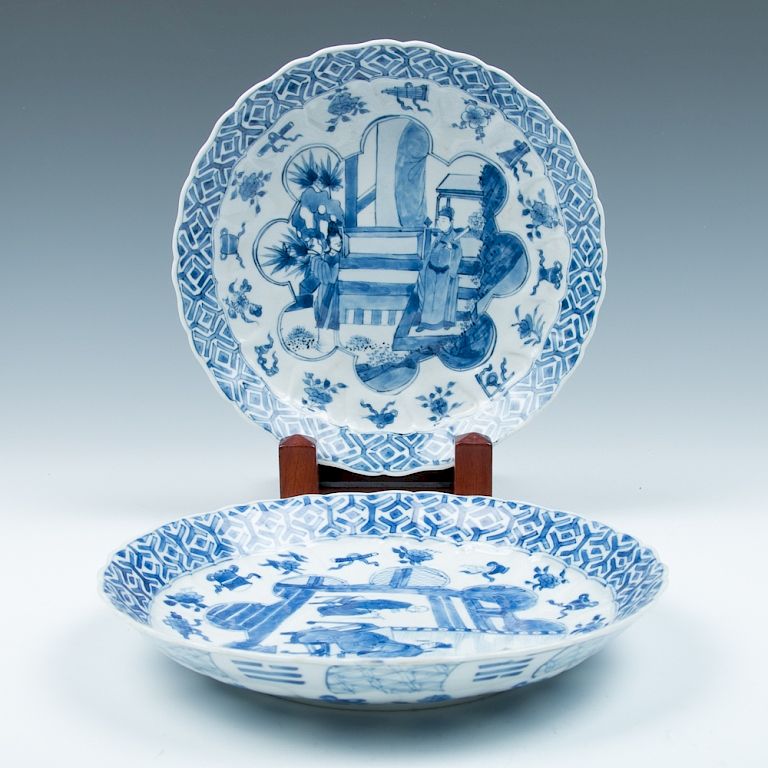 Appraisal: TWO BLUE AND WHITE 'FIGURAL' DISHES KANGXI PERIOD The dish