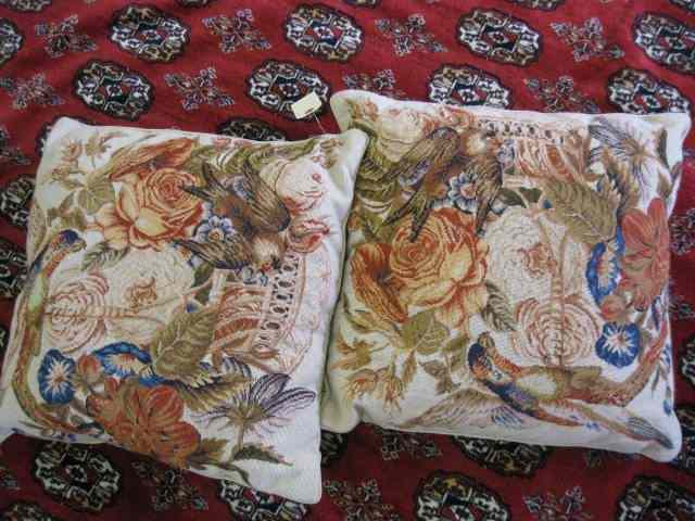 Appraisal: Pair of Aubusson Needlepoint Pillows bird floral '' square