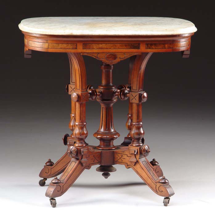 Appraisal: FINE MARBLE TOP BURL WALNUT VICTORIAN CENTER TABLE Squared oval