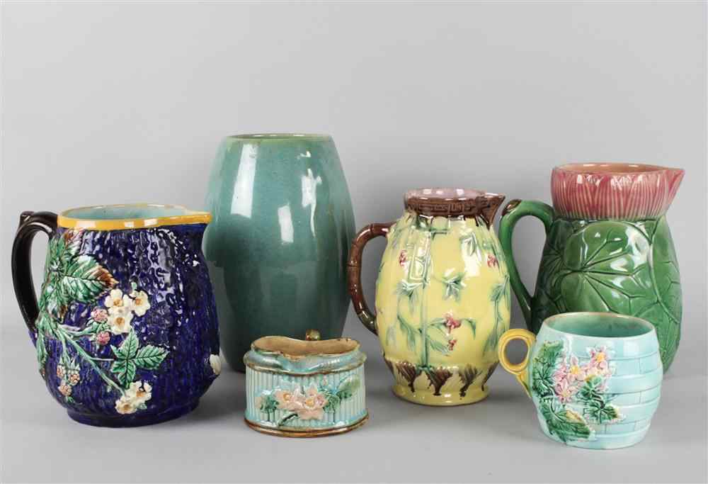 Appraisal: FIVE MAJOLICA VESSELS including one wedgewood blue ground cider jug