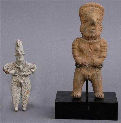 Appraisal: TWO PRE-COLUMBIAN TERRACOTTA FIGURES on base in and in Provenance