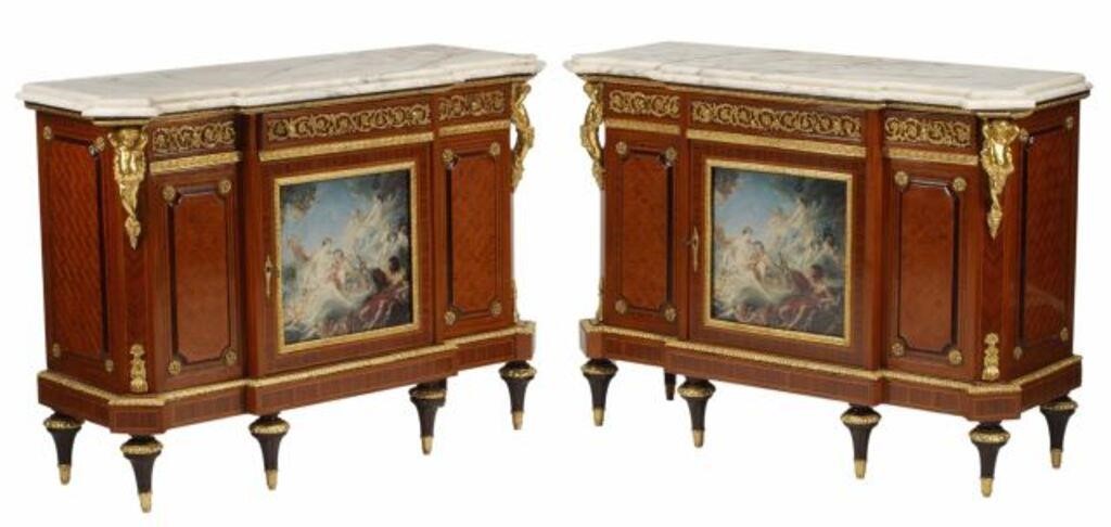 Appraisal: pair Louis XVI style marble-top parquetry cabinets transfer decorated scene