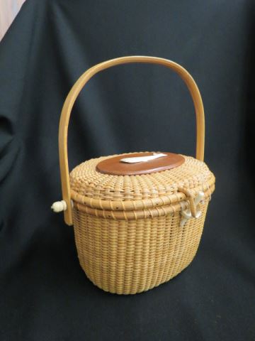 Appraisal: Nantucket Basket Purse ivory whale on lid oval X