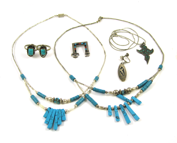 Appraisal: SEVEN ARTICLES OF SILVER JEWELRY including two turquoise bead and