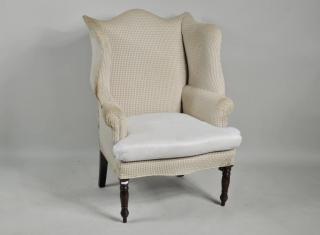 Appraisal: Portsmouth Sheraton Wing Chair Sheraton mahogany upholstered wing chair with