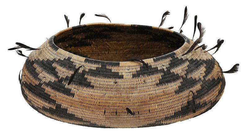 Appraisal: Pomo Coiled Basket with Quail Feather Topknots Central California late