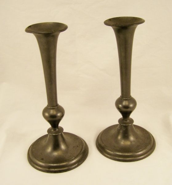 Appraisal: Pair Pewter Push-up Candlesticks Slight tilting some waviness on the