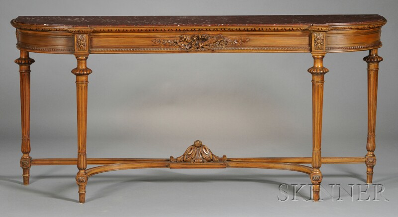 Appraisal: Louis XVI-style Marble-top Fruitwood Console Table th century the D-shaped