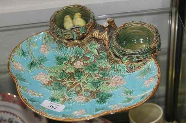 Appraisal: A VICTORIAN MAJOLICA TURQUOISE GROUND STRAWBERRY DISH by George Jones