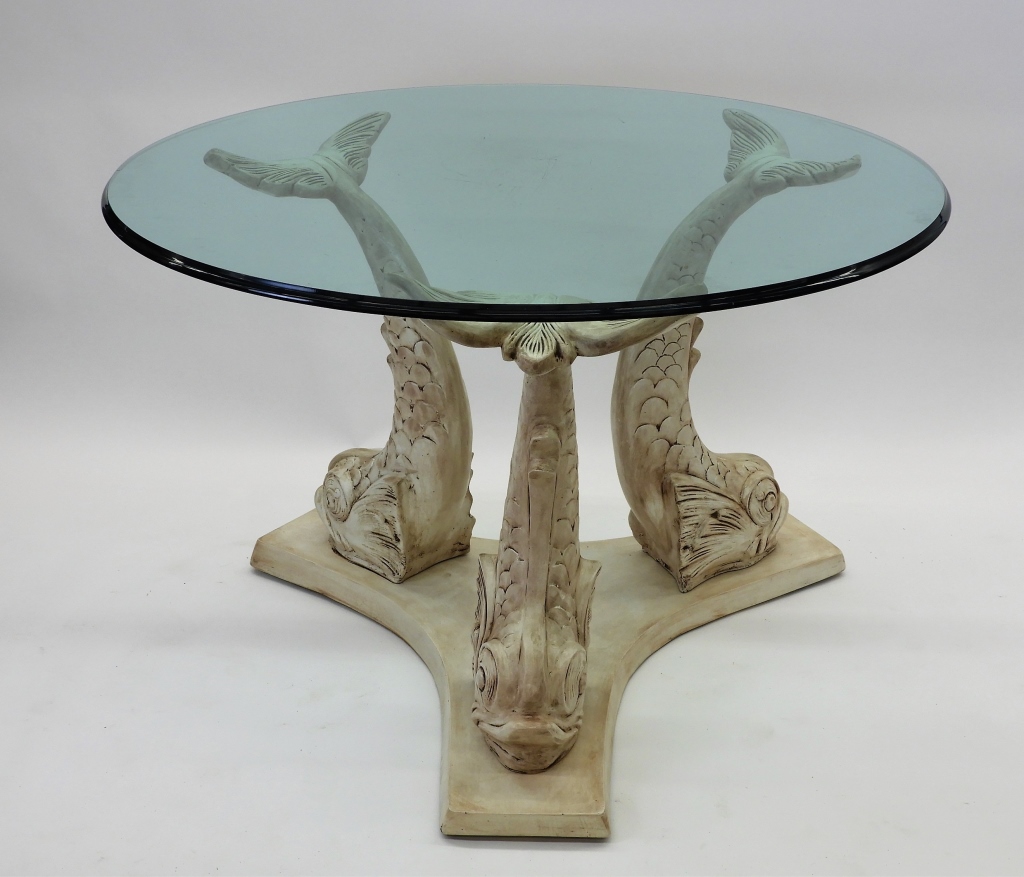 Appraisal: MODERN ITALIAN DOLPHIN GLASS TOP TABLE Italy th CenturyRound glass