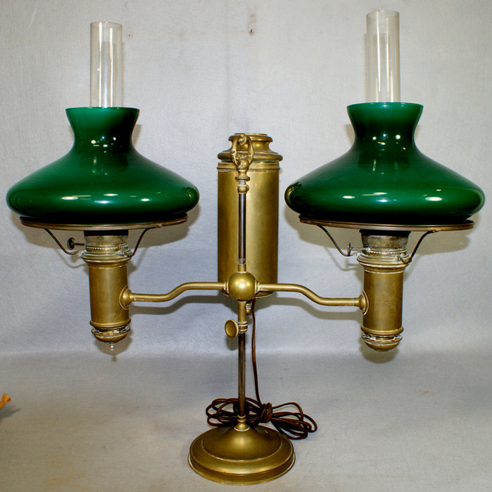 Appraisal: Brass double student lamp green cased glass shades electrified tall