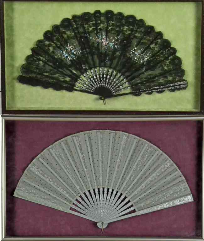 Appraisal: Fans Displayed in ShadowboxesTo include a pale green painted silk