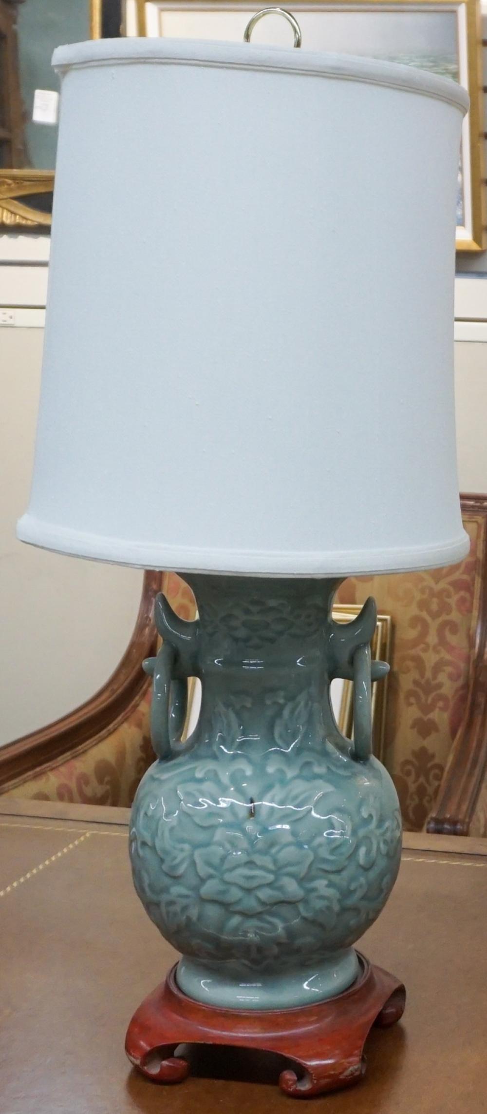 Appraisal: Chinese Celadon Glazed Ring Handle Vase Mounted as Lamp H