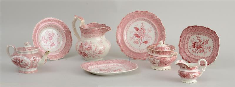 Appraisal: EIGHT STAFFORDSHIRE RED TRANSFER-PRINTED ARTICLES Comprising a matching pitcher teapot