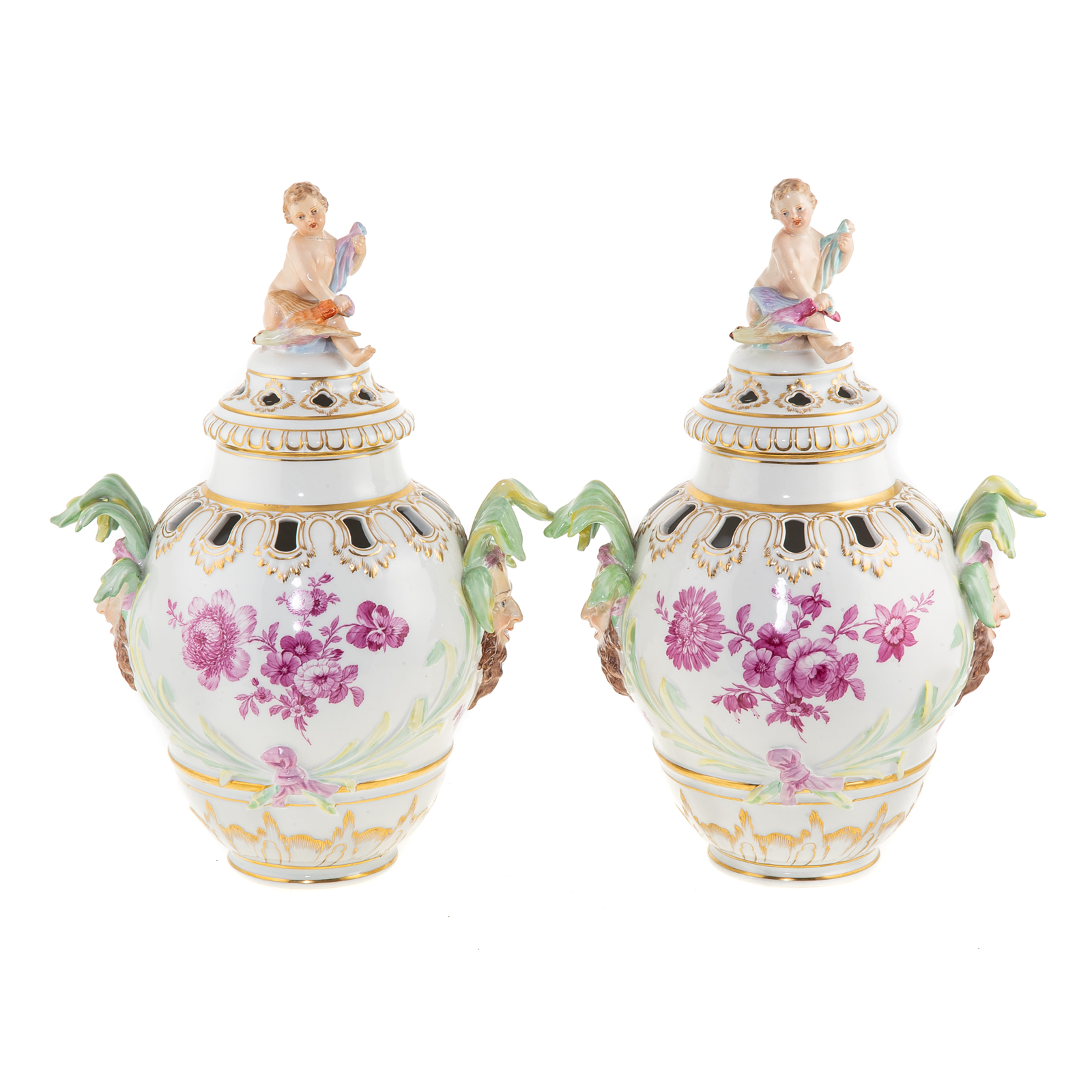 Appraisal: PAIR KPM PORCELAIN POT POURRI URNS th century putto finial