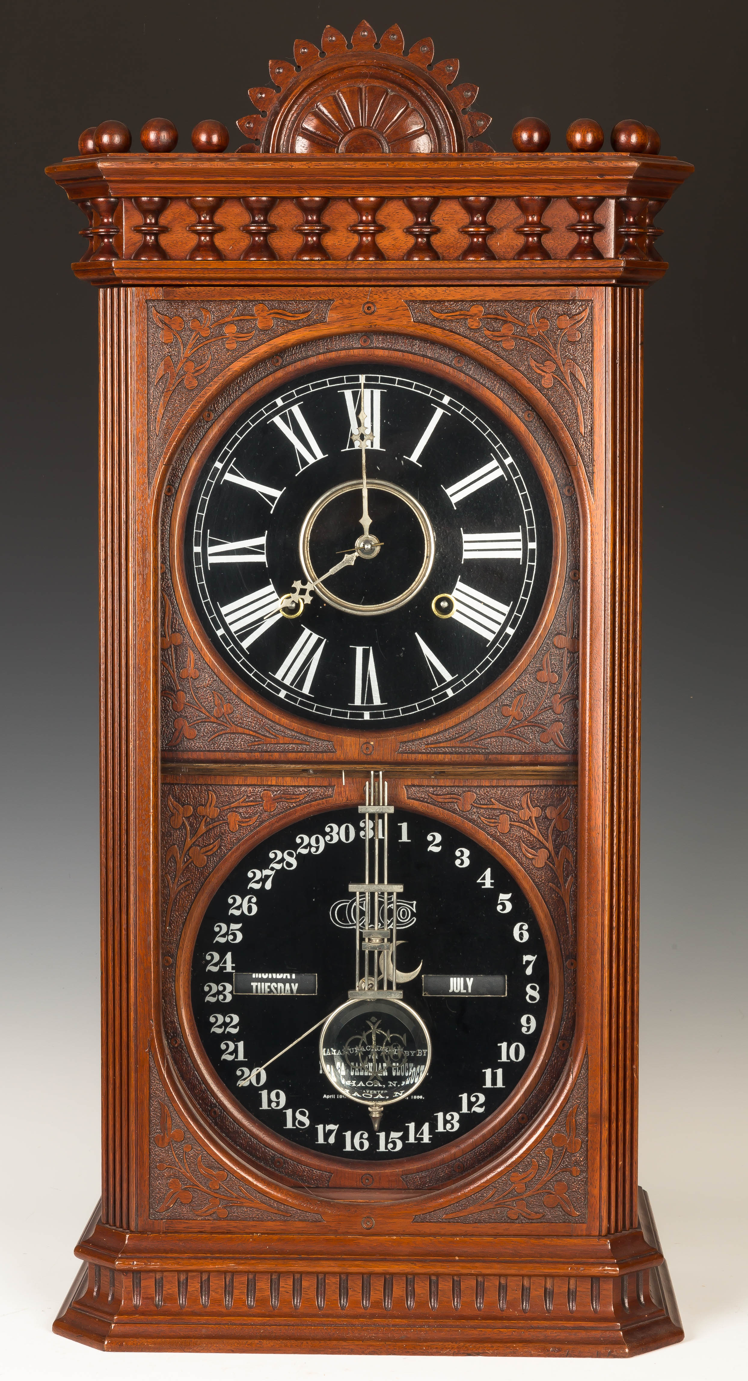 Appraisal: Ithaca Kildare Calendar Shelf Clock Carved walnut case crest and