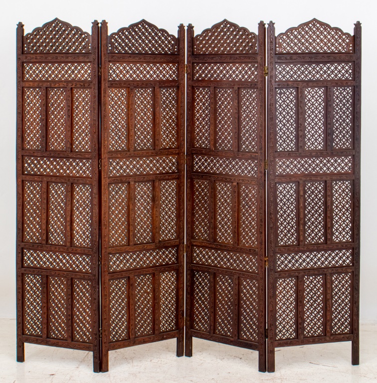 Appraisal: INDIAN CARVED HARDWOOD FOUR-PANEL SCREEN Indian carved hardwood four-panel screen