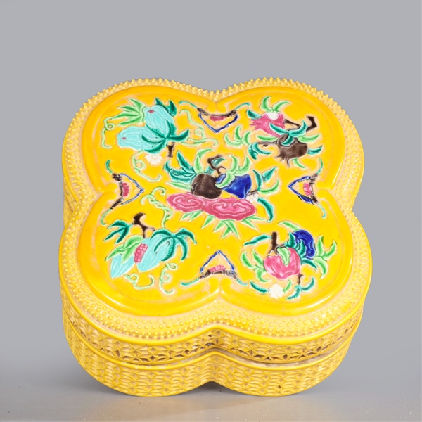 Appraisal: Elaborate Chinese yellow ground porcelain box with fruit and floral