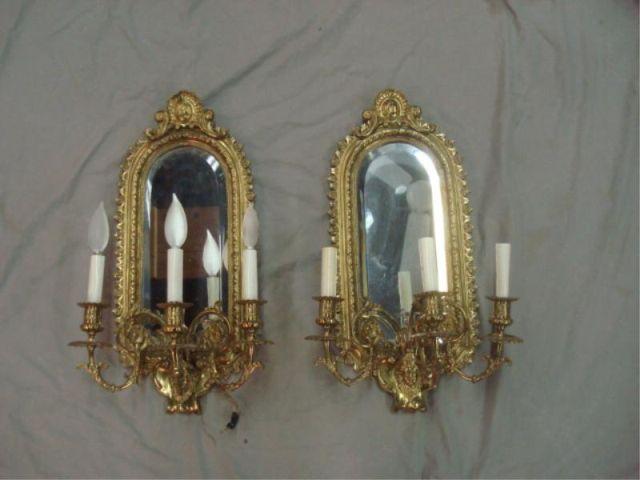 Appraisal: Pair of Brass Arm Mirrored Sconces From a Mamaroneck home