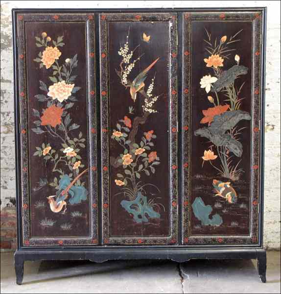 Appraisal: ASIAN LACQUER AND POLYCHROME-PAINTED THREE DOOR ARMOIRE H '' W