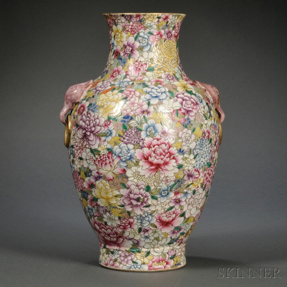 Appraisal: Famille Rose Millefleur Vase China baluster form the shoulder flanked