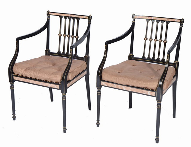 Appraisal: A PAIR OF REGENCY STYLE PAINTED ELBOW CHAIRS with stick