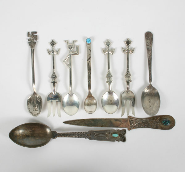 Appraisal: Native American silver items two spoons three pieces with turquoise