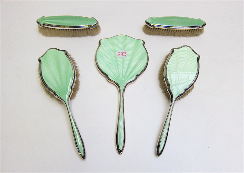 Appraisal: FIVE PIECE GREEN GUILLOCHE VANITY SET consisting of two hair