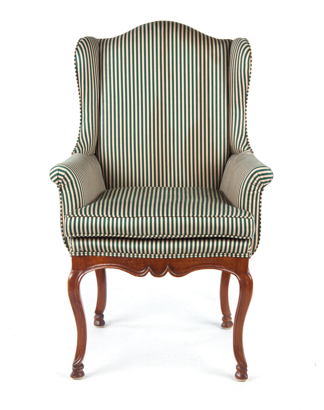 Appraisal: French style upholstered wing chair serpentine crest rail and winged