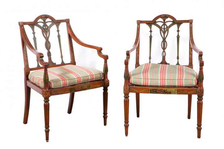 Appraisal: Pair of Edwardian Painted Mahogany Open Armchairs Each pierced back