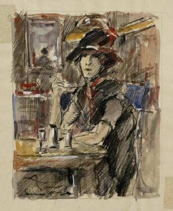 Appraisal: TH C SCHOOL UNTITLED WOMAN DINING Charcoal and watercolor drawing